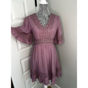 Blu ivy Lavender Deep V Lace Shift Dress Boho Small Gorgeous!